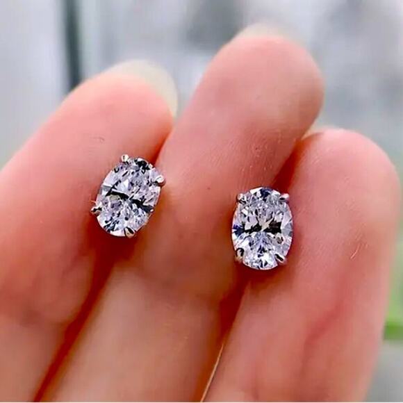 Sterling Silver Oval Cubic Zircon Stud Earrings, Wedding, Bridal, Anniversary - Picture 3 of 5